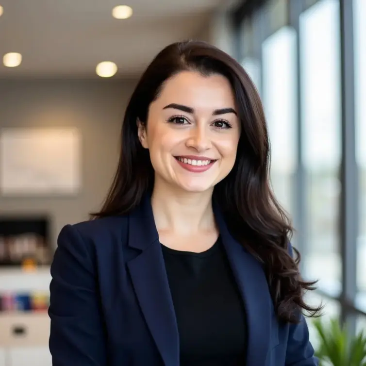 Professional headshot of Rebecca Torres, a woman with long dark hair wearing a navy blazer and black top, smiling confidently in a modern office environment.