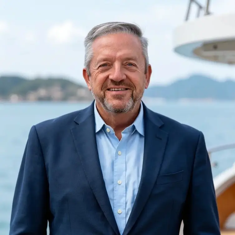 Professional headshot of Richard Chambers, a distinguished man with grey hair and a grey beard wearing a navy blazer and light blue shirt, smiling warmly with a marina and mountains in the background.